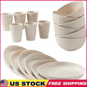 18 Pcs Unbreakable Wheat Straw Dinnerware Set Microwave Safe Plates Cups Bowls - Picture 1 of 7