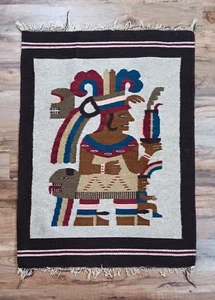 Tappeto vintage messicano lana tessuto arazzo da parete figura azteca maya frangia 29" x 39" - Foto 1 di 18