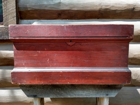 Antique Red Painted Dovetailed Wood Diminutive Keepsake Blanket Chest Initials Cover