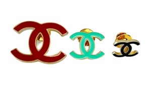 Vintage CHANEL Set of 3 Brooches Pins Enameled Red Teal Black Gold Tone CC Logo - Picture 1 of 7
