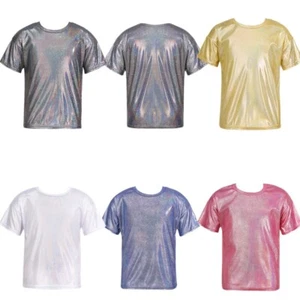 Girls Boys Top Silky Costume Dance T-shirt Unisex Blouse Sparkly Tee Children - Picture 1 of 43