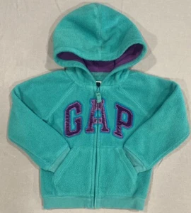 Gap Kids Girls Jacket 4T Green Fleece Purple Logo Full Zip Hoodie Pockets School - Picture 1 of 11
