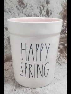 Rae Dunn HAPPY SPRING Ostern Keramik Elfenbein mit rosa Topf Utensilienhalter 8" - Bild 1 von 4