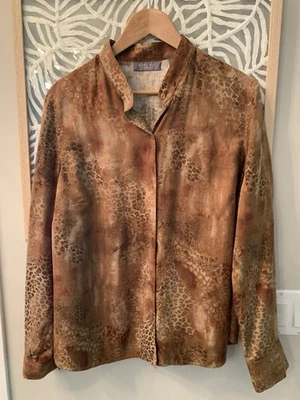 Kate Hill女式丝绸衬衫1X棕色印花长袖纽扣 — 第 1/4 张图片