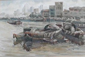 Mid 20th C Large Watercolour. Busy Singapore River Scene. Signed - Picture 1 of 7