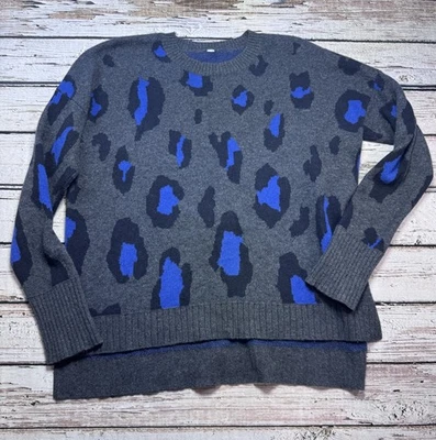 Suéter Athleta Lana Cachemira Leopardo Estampado Animal Gris Azul Tejido Cuello Redondo Talla L Foto 1 de 4