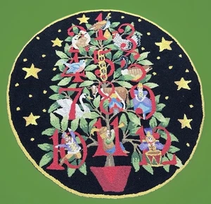 Handgeknüpfter Wollteppich/Baumrock - 12 Tage Weihnachten Volkskunst 36" rund - Bild 1 von 22