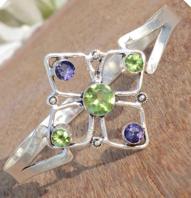 Faceted Peridot Amethyst Cut Gemstone 925 Sterling Silver Traditional Bangle - Image 1 of 4