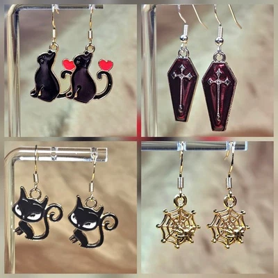 4 pares de pendientes góticos de Halloween ataúdes de gatos negros telarañas Foto 1 de 4