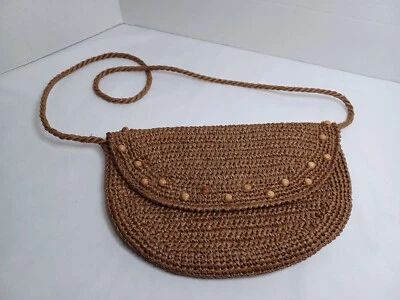 罕见复古 Genie Of Korea Straw 手包钱包手提包 12 X 8 英寸半圆带珠子 — 第 1/4 张图片
