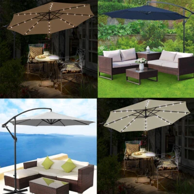 AMYONLINE 3m LED Solar Cantilever Parasol Garden Patio Banana Umbrella Sun Shade Canopy