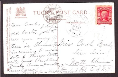 US 319 on Multi-color Santa Post Card to China w/ Tientsin IJPO Rec Mark XF - Image 1 of 2