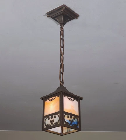 RESTORED! Antique Slag Glass Porch or Foyer Light Fixture Brass Filagree Cover