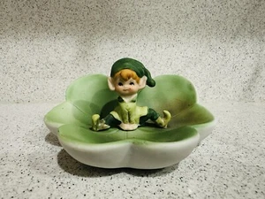 Vintage LEGO Pixie Elf Leprechaun in Irish Clover Shaped Porcelain Trinket rare - Picture 1 of 4