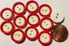 12 boutons 2 trous en plastique rouge brillant bordés rouge blanc 9/16" 14,6 mm 10323