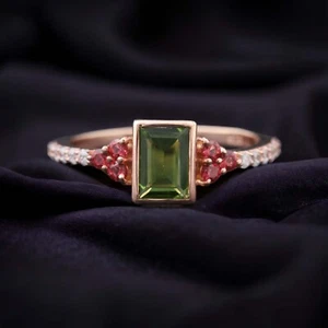 925 Sterling Silver 8x6mm Emerald Shape Natural Peridot Garnet Cubic Zirconia - Picture 1 of 7