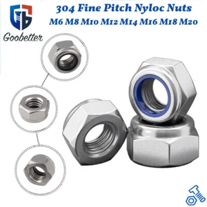 Fine Pitch Nyloc Nuts Nylon Insert Lock A2 Stainless Steel M6 M8 M10 M12 - M20 - Picture 1 of 19