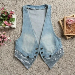Damen Pailletten Denim Weste glänzend Weste Weste ärmellos Jacke Tops Freizeit - Bild 1 von 13