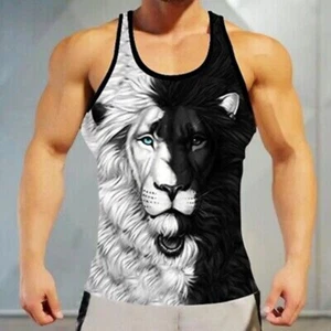 Men's Sleeveless Athletic Fitness Muscle Tank Top Lion Pattern Fashion T Shirt - Picture 1 of 1