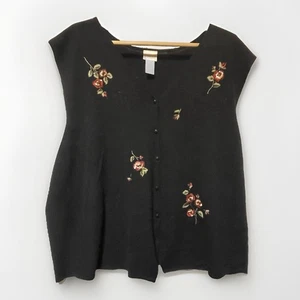Vintage Koret Sweater Button Vest Women's Size 2XL Black Embroidered Floral - Picture 1 of 4