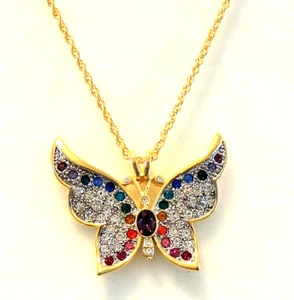 Vintage PS CO Rainbow Butterfly Necklace Rhinestone Gold Tone 1999 Sparkle Shine - Picture 1 of 13