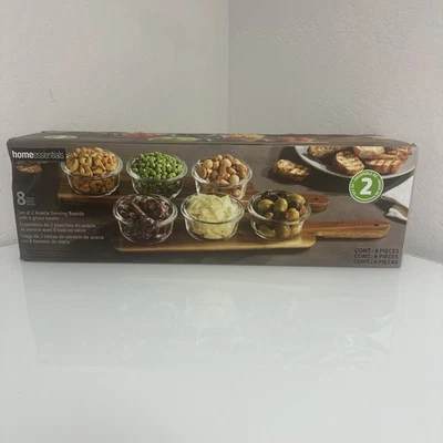 Home Essentials Serving Set 8 Pieces 2 Acacia Serving Boards with 6 Glass Bowls - Image 1 of 4