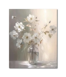  Floral Canvas Wall Art for Bathrooms 14L" x 11W" White Flower Wrapped Canvas - Picture 1 of 6