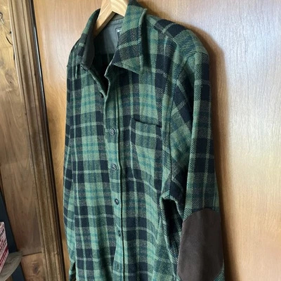 Todd Snyder 羊毛格子衬衫大号麂皮绒肘贴绿色蓝色格子呢  — 第 1/4 张图片