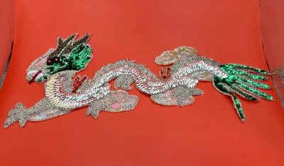Sequin Dragon Appliqué Embellishment – Handmade, Asian-Inspired Patch, Costume - Image 1 of 4