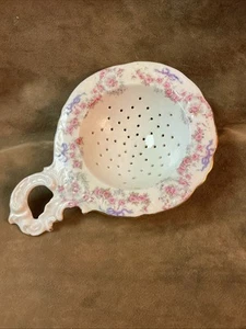 Victorian Limoges Porcelain France Pink Rose Tea Strainer Blue Ribbon - Picture 1 of 3