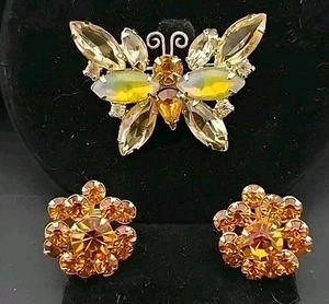 Vintage Strass Schmetterling Brosche & Bernstein Schraubverschluss Ohrringe - unbeschriftet Gold - Bild 1 von 4