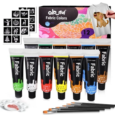 Colorful Fabric Paint Set for Clothes 12 Colors - Permanent Textile Paint Kit - Image 1 of 4
