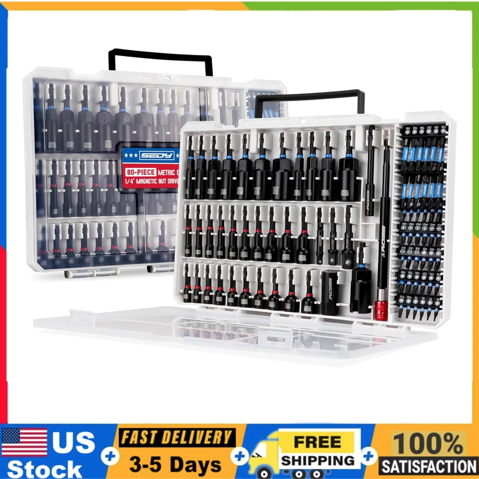 Juego de atornilladores de tuercas de impacto magnéticas de 80 piezas métricas y SAE con adaptadores y brocas de alimentación Foto 1 de 4