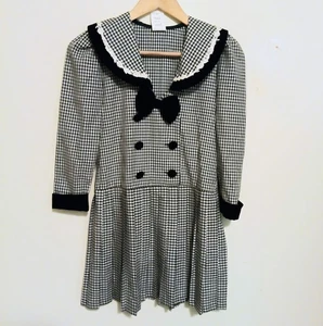 Vintage Girls Houndstooth Double Breasted Dress-Size 8-Velvet Trim-Bow-Pleated - Picture 1 of 9