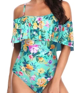 Maillot de bain femme neuf avec étiquette Tempt Me sarcelle floral épaules dénudées volants L US 12-14 - Photo 1/9