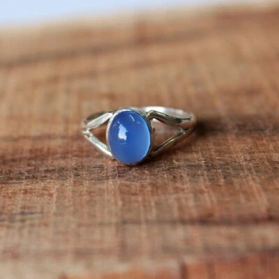 Calcedonio Naturale Gemma Donna 925 Argento Sterling Fatto a Mano Sottile Anello - Immagine 1 di 4