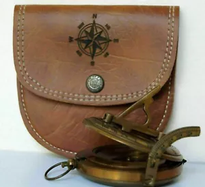 Antique Brass Sundial Compass With Leather Box. Pocket Brass Sundial Compass - Picture 1 of 7