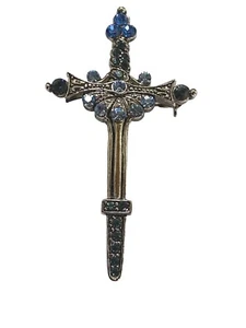 Silver Cross Sword Shaped Embellish w/ Blue & Sapphire Color Rhinestones Brooch - Picture 1 of 12