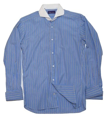 $695 Ralph Lauren Etiqueta Púrpura Hombres Camisa de Vestir Puño Francés Azul Italia 15.5 Foto 1 de 3