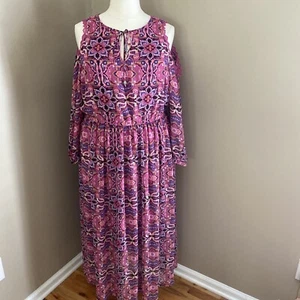 Lane Bryant Pink Multi Floral Cold Shoulder 3/4 Sleeves Maxi Dress Plus Size 20 - Picture 1 of 13