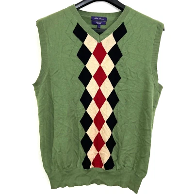Alan Flusser Golf Sweater Vest Mens XL Green Argyle Isles V- Neck Cotton Grandpa - Image 1 of 4