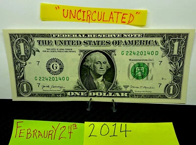 One Dollar Birthday Note February 24 2014. Uncirculated Fancy  Serial Number $1 - Image 1 of 4