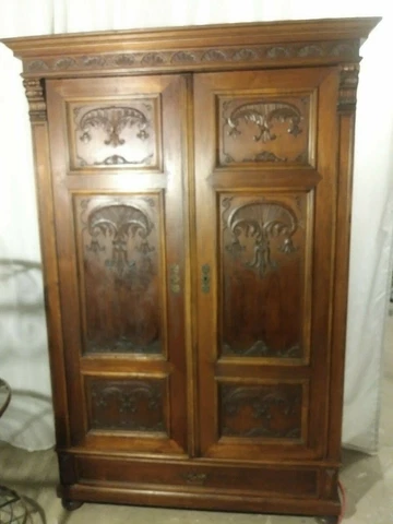 18th/19th C French Fruitwood Armoire Antique, Ornately Carved, Two-Door Cover