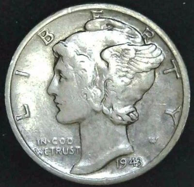 1943-D 10C Mercury Dime AU 90% Silver 22oct0515-1 - Image 1 of 2