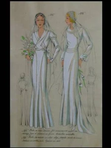 FRENCH ART DECO FASHION, WEDDING DRESS -1933 POCHOIR PRINT- LES CROQUIS DE PARIS - Picture 1 of 1