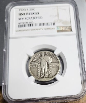 1923-S 25C STANDING LIBERTY SILVER QUARTER NGC FINE DETAILS, REV SCRATHED *KEY* - Image 1 of 4