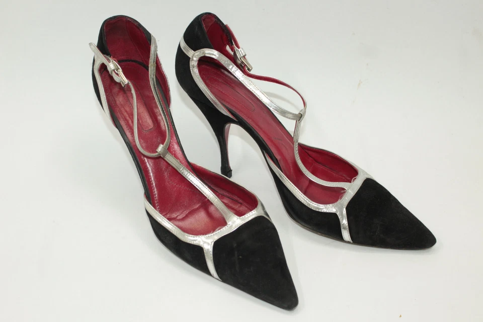 Sapatos femininos CESARE PACIOTTI tamanho 8.5 Europa 39 camurça preta couro prata S9222 - Imagem 1 de 4