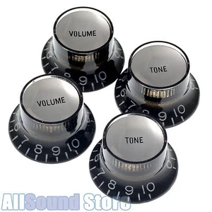 (4) BLACK Embossed Bell Top Hat Knobs w/ SILVER Reflectors for Gibson, CTS Pots - Picture 1 of 3