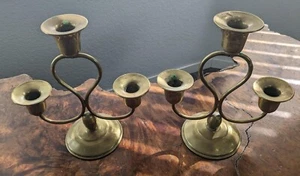 Pair 3 Arm Candelabra Brass Candlesticks - Picture 1 of 8