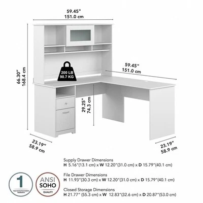 Cabot 60W L Shaped Computer Desk with Hutch in White - Engineered Wood - Image 1 of 4